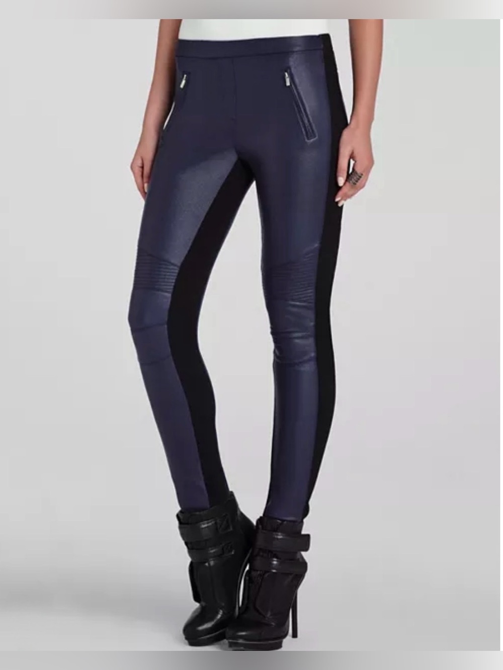 BCBGMaxAzria Black Navy Liquid Legging Faux-Leather Accent Fitted Goth 80’s MED